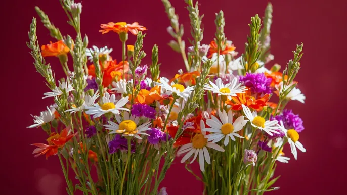 zwei Blumensträuße aus Wiesenblumen vor rotem Hintergrund (Foto: Monika Garruchet) zwei Blumensträuße aus Wiesenblumen vor rotem Hintergrund (Foto: Monika Garruchet)