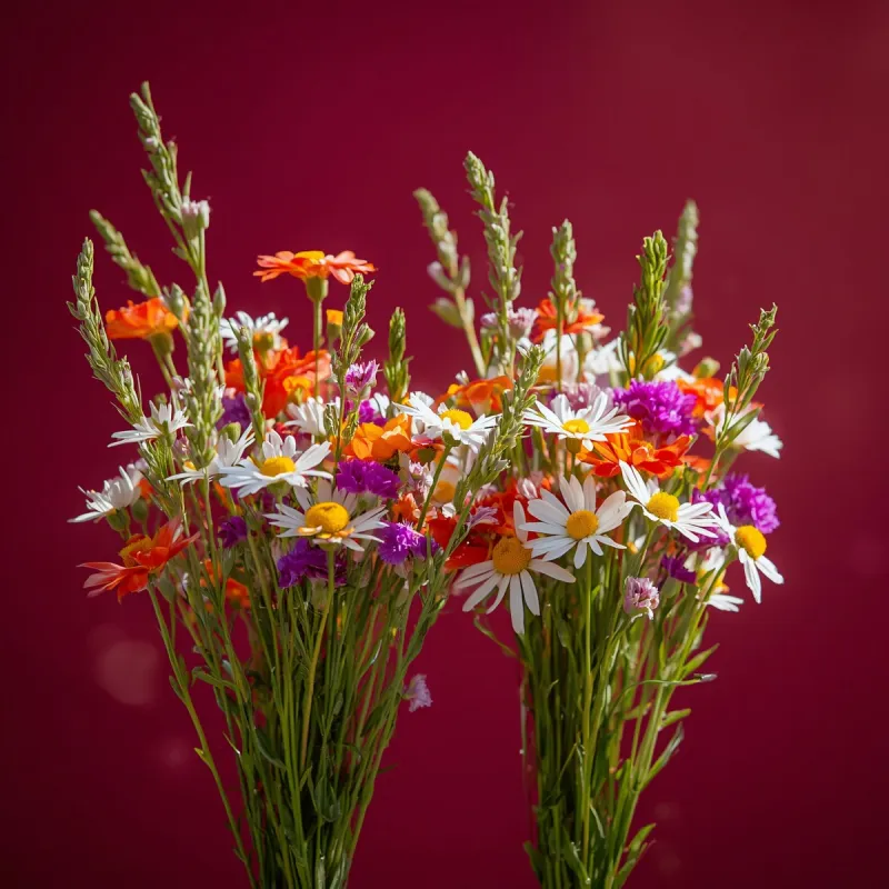 zwei Blumensträuße aus Wiesenblumen vor rotem Hintergrund (Foto: Monika Garruchet) zwei Blumensträuße aus Wiesenblumen vor rotem Hintergrund (Foto: Monika Garruchet)